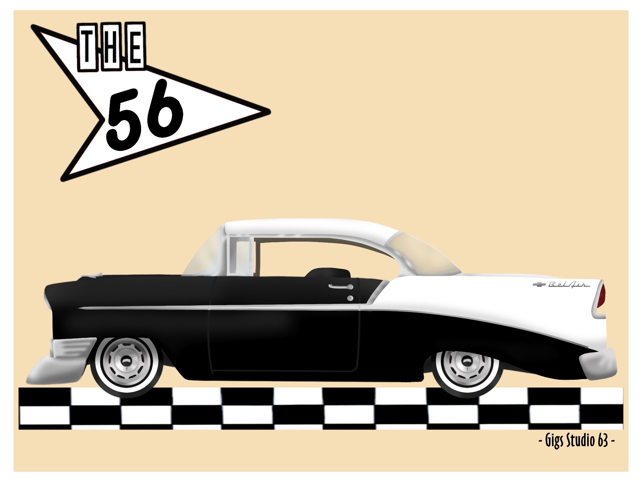 Digital Drawing of a 1956 Chevy, in Onyx Black and India Ivory